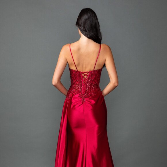 New Burgundy Long Evening Sheath Gown w/ Side Drape & Sexy Leg Slit DQ 4552 - Picture 6 of 8